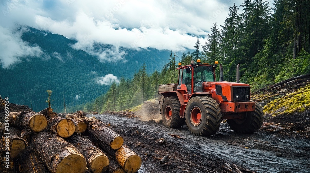 Logging operations and forest management, focusing on sustainable practices in timber harvesting that ensure forests continue to thrive and support diverse species. Logging operations and forest management, focusing on sustainable practices in timber harvesting that ensure forests continue to thrive and support diverse species.