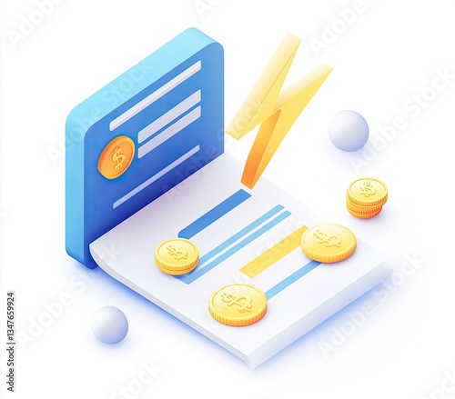 Electricity bill with coins and lightning bolt.