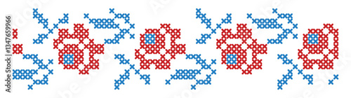 Antique cross-stitch pattern with rose flowers, vintage embroidery design representing folklore