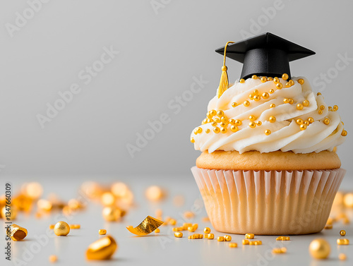 Decorated cupcake with black academic cap and golden details. Symbol of educational success, milestone celebration, and joyful graduation moment with delicious festive dessert.