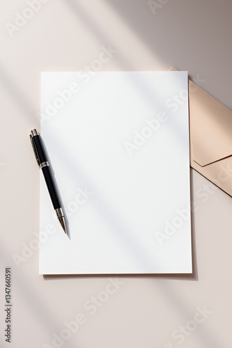 Elegant Festive Letterhead Mockup with Luxurious Black Pen and Stylish Envelope in Soft Sunlit Setting for Premium Branding and Invitations