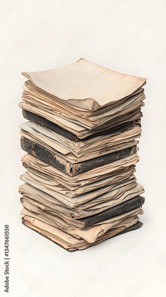 Aged Documents Stacked for White Background. Aged Documents Stacked for White Background.