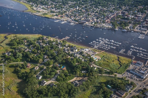 aerial view of the Merrimack river, marina, and downtown Newburyport 