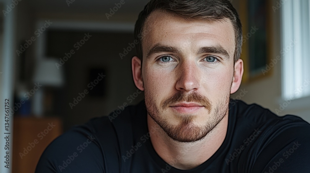 Fototapeta premium A man with a beard and blue eyes. He is wearing a black shirt. He is looking at the camera