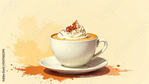 Illustration of white cup on saucer, in coffee with creme fraiche and graphic steam and scattered beans on yellow background, copy space. Generated by AI.