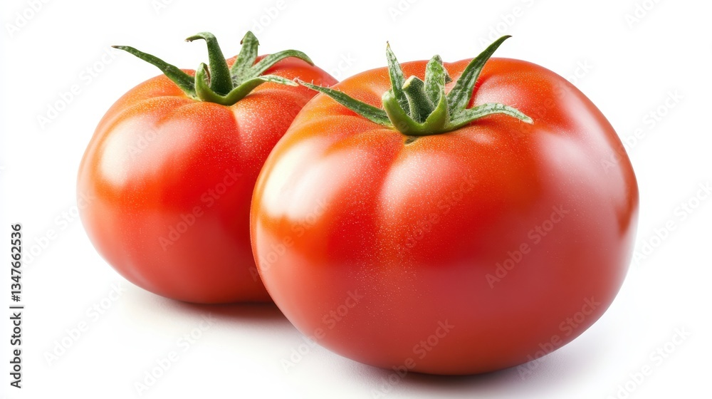 Red tomatoes with vivid green stems lying on crisp white surface, showcasing garden fresh produce with bright color and plump, ripe appearance Red tomatoes with vivid green stems lying on crisp white surface, showcasing garden fresh produce with bright color and plump, ripe appearance