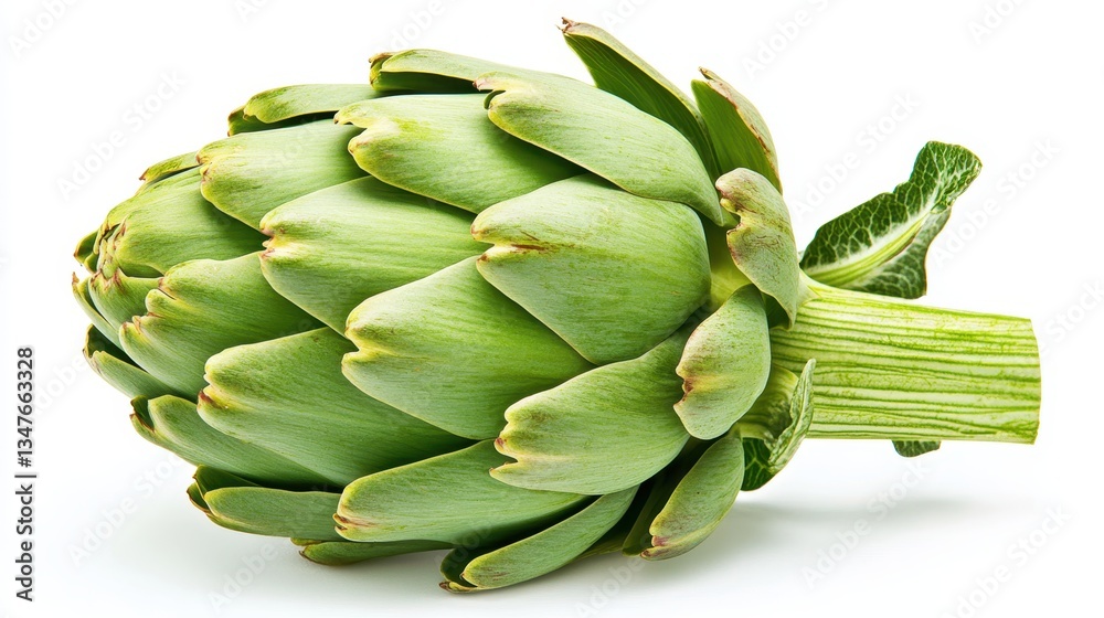 Fototapeta premium Artichoke vegetable isolated on white background, showing its vibrant green texture and freshness, ideal for healthy recipes and culinary uses