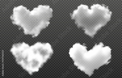 Vector realistic clouds in the shape of a heart, smoke or fog on isolated transparent background. Cloud png. Smoke png