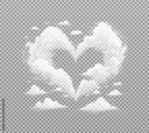 Vector realistic clouds in the shape of a heart, smoke or fog on isolated transparent background. Cloud png. Smoke png