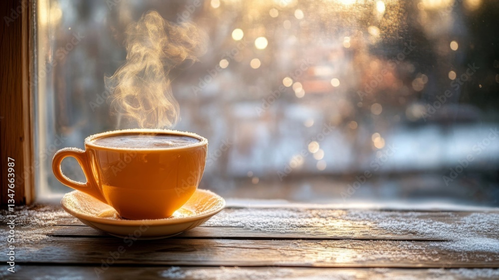 Obraz premium Warm Coffee Steaming Near Snowy Window