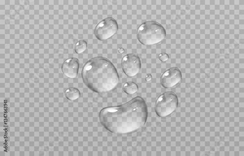 Abstract water droplets on a transparent background, designed in a vector style. Clean and realistic shapes with soft highlights create a sense of freshness and lightness. Perfect for designs related