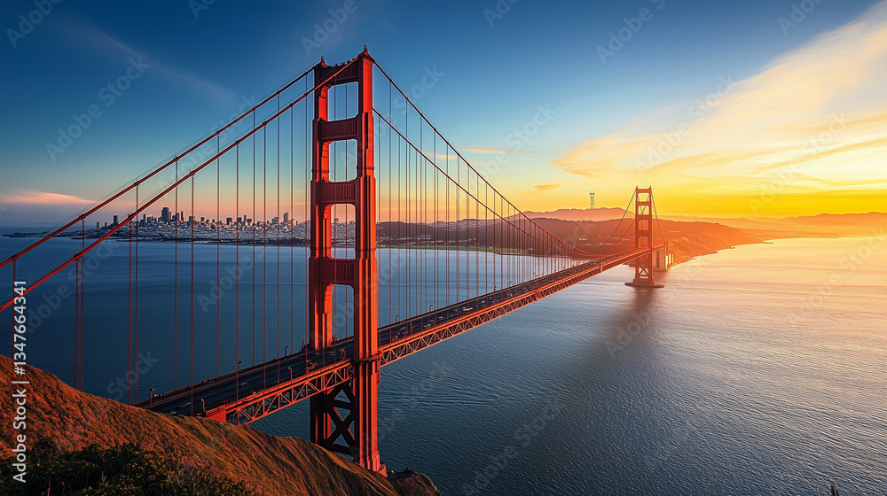 Fototapeta premium A bustling thoroughfare, the Golden Gate Bridge accommodates cars, pedestrians, and cyclists, offering breathtaking views of the bay, the city skyline, and the surrounding landscape. 