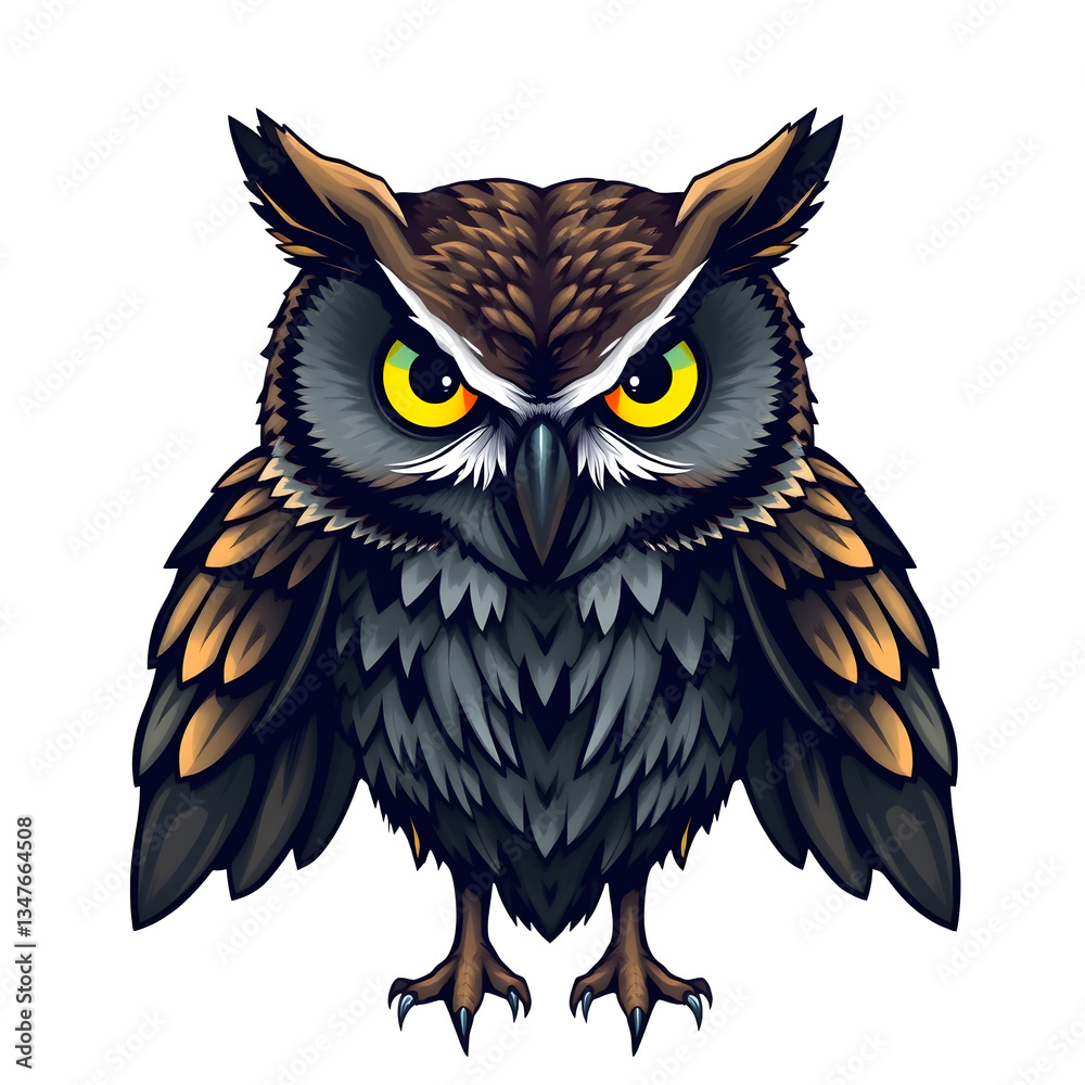 Fototapeta premium A cute cartoon owl, a brown feathered vector illustration of a wise night predator with big eyes