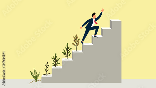 Ascending the Career Ladder: Determined Businessman Climbing Stairs to Success, Growth Stages, Professional Development, Ambition, and Achievement Vector Illustration