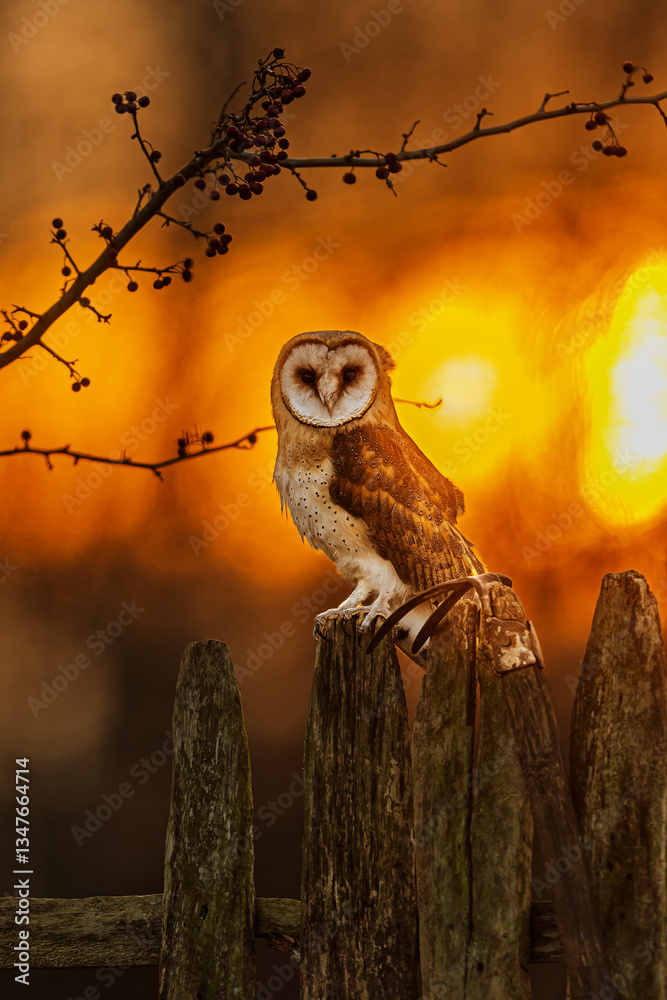 Φωτογραφία female barn owl (Tyto alba) on an old fence in the strong backlight of the morni