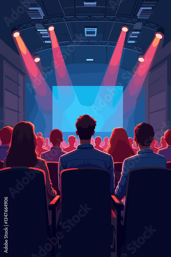 Captivating Conference: A Vector Illustration of Engaged Audience Members Listening Attentively to a Speaker Presentation in a Vibrant Auditorium with Stage Lighting.