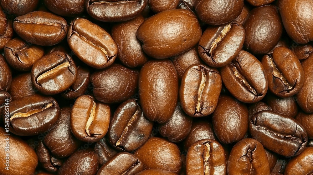 Fototapeta premium A pile of coffee beans with the beans being brown in color. The beans are spread out and are not in a uniform shape