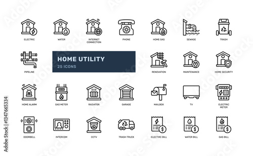 home utility and bill housing service meter household residential outline line icon set