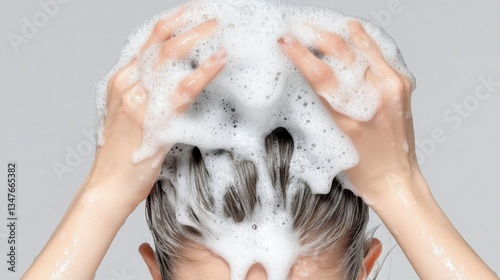 Female washing hair with shampoo, creating sudsy foam in shower, enjoying cleansing routine with vibrant, healthy hair cascade