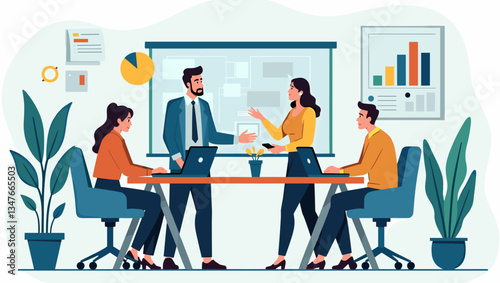 Dynamic Business Team Collaboration Meeting: Strategic Planning, Partnership Success in Modern Office - Vector Illustration for Presentations and Marketing (200 characters)