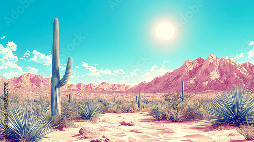 Majestic Desert Landscape: Sun-Drenched Cacti and Mountains in Arizona