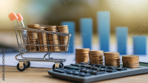 Shopping Cart Full of Gold Coins Financial Growth Business Success Economy Concept Money Savings Investment Wealth Management Financial Planning Economic Growth Market Analysis     photo