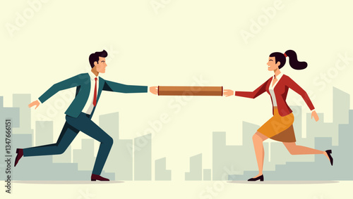 Businessman Passing Relay Baton to Businesswoman Symbolizing Teamwork and Succession in Corporate Environment