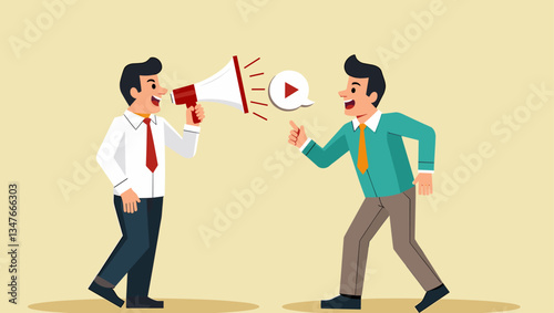 Dynamic Business Marketing Illustration: Man Shouting with Megaphone Recommending a Video, Delivering a Bold Announcement, Corporate Communication Vector for Web Banner & Social Media