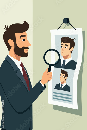 Diligent HR Manager with Magnifying Glass Vetting Job Candidates - Streamlined Vector Illustration for Recruitment, Hiring, and Staffing Agency Needs with Resume Review