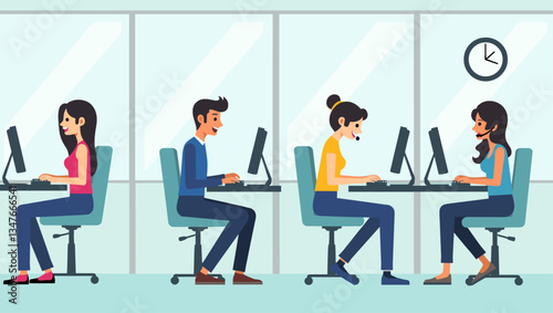 Diverse Customer Support Team in Modern Office Cubicles: Vector Illustration of Call Center Agents Providing Exceptional Service with Headsets and Computer Assistance, Communication Solutions