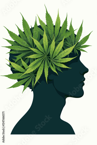 Cannabis Mind Vector: Silhouette of a Head Filled with Vibrant Marijuana Leaves, Symbolic of Consciousness, Mental Health, and Botanical Concept Art, on White Background