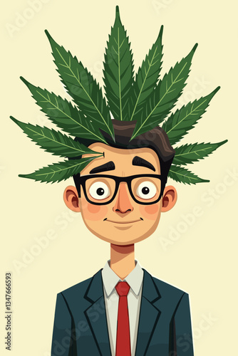 Quirky Businessman with Cannabis Brain: A Vibrant Vector Illustration Depicting the Effects of Marijuana, Ideal for Dispensaries, Medical Publications, and Educational Materials