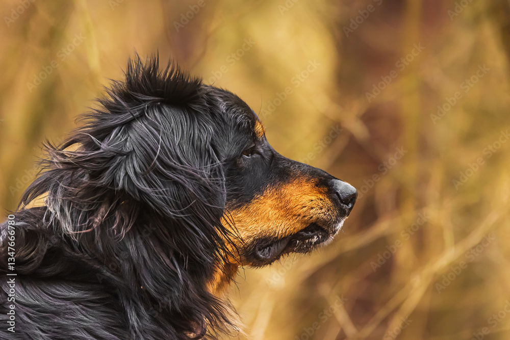 male black and gold Hovie dog hovawart portrait with yellow background male black and gold Hovie dog hovawart portrait with yellow background