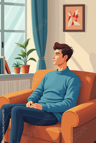 Pensive Young Man Relaxing on a Tan Armchair at Home Vector Illustration. Thoughtful Male Character in Blue Sweater, Cozy Interior, Window View, Houseplant, Geometric Art