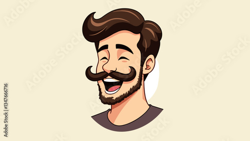 Joyful Laughing Man Cartoon Vector: Happy Smiling Face, Trendy Hairstyle, and Exaggerated Mustache Character Design for Positive Emotion Projects & Branding