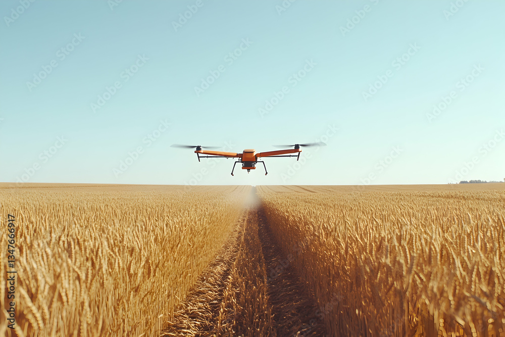Orange drone flying over a wheat field on a sunny day in the countryside Orange drone flying over a wheat field on a sunny day in the countryside