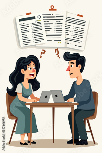 Frustrated Couple Battling Complex Tax Forms Online Together, Filing Taxes on Laptop, Tax Season Trouble, Financial Stress, Tax Day Deadline, Flat Vector