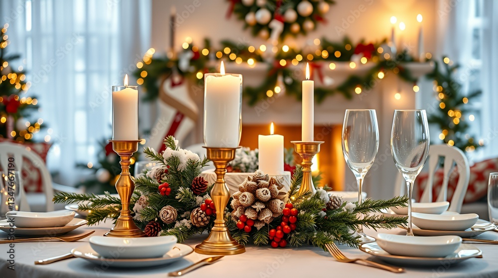 Elegant Christmas Dinner Table Setting with Gold Accents, Crystal Glassware, and a Decorated Christmas Tree Creating a Cozy and Festive Holiday Atmosphere Elegant Christmas Dinner Table Setting with Gold Accents, Crystal Glassware, and a Decorated Christmas Tree Creating a Cozy and Festive Holiday Atmosphere