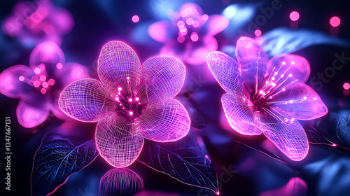 Neon Flowers: A Futuristic Digital Art Bloom in Pink and Purple Hues