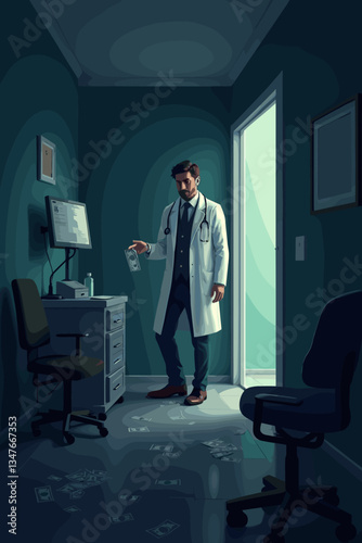 Shady Doctor: Accepting Bribes in Grimy Clinic Office with Money on the Floor. Dark, Sinister Lighting. Medical Malpractice & Healthcare Corruption Illustration.