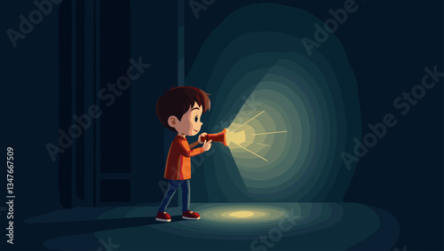 Cartoon Boy Exploring Dark Room with Flashlight Vector Illustration. Adventure, Discovery, Mystery. Playful Scene, Children's Illustration, Childhood Imagination Concept.