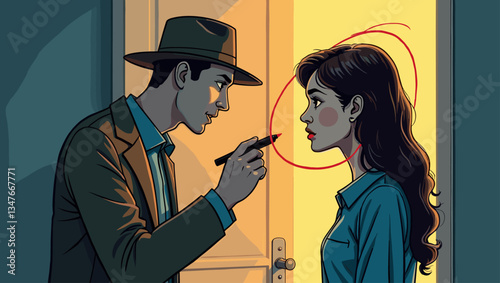 Noir Detective Outlining Suspect Woman with Red Marker, Crime Scene Investigation, Surveillance, Mysterious Case, Vector Illustration for Thriller Graphic Novels, Film Posters
