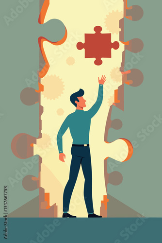 Solving the Puzzle: Businessman Placing Missing Piece for Strategy, Teamwork, and Success. Jigsaw Puzzle, Business Concept, Problem Solving, Challenge, Solution Vector.