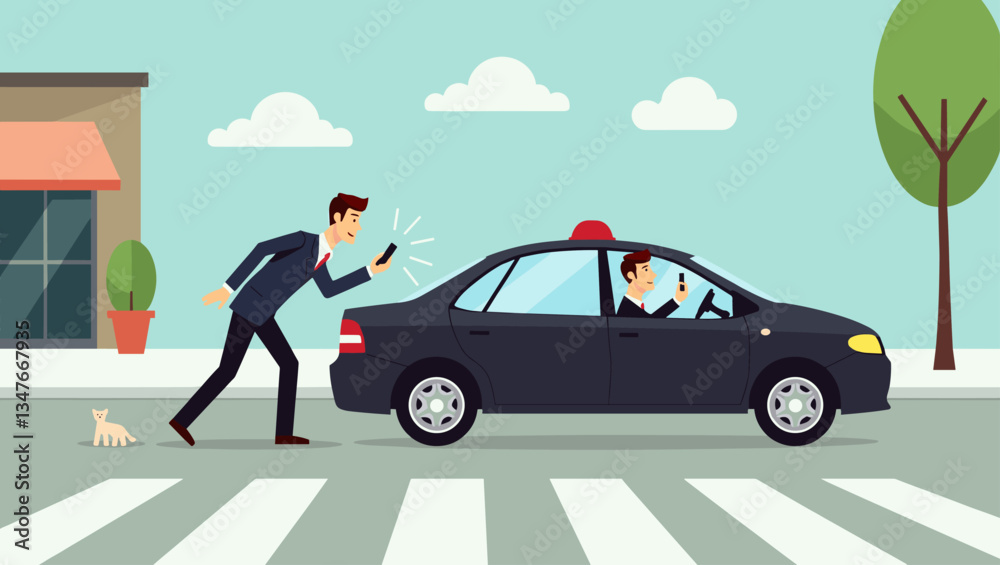 Pedestrian Safety Crisis: Distracted Businessman on Smartphone Hit by a Car at Zebra Crossing. Vector Illustration for Road Safety Campaigns, Alertness Promotion & Digital Wellbeing