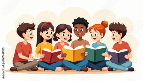 Joyful Diverse Children's Book Club: A Group of Smiling Kids Reading Together, Education Vector Illustration for School, Library, and Childhood Themes