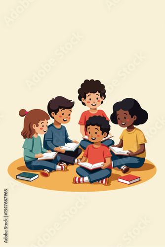 Diverse Children's Book Club: A Vibrant Vector Illustration of Happy Youngsters Reading Together, Sharing Stories, and Fostering a Love for Learning in a Cozy Setting.