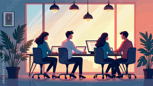Energetic NFT Team Collaboration: Diverse Professionals Creating Digital Art in a Bright, Modern Office Space with Computers and Creative Environment - Vector Illustration