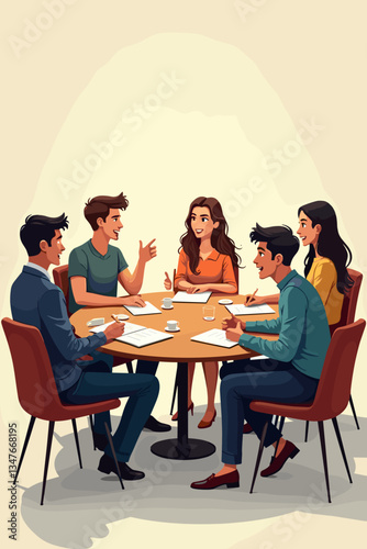 Dynamic vector art of diverse young professionals in a vibrant business roundtable discussion, brainstorming strategy and ideas, with coffee cups on a stylish round table.