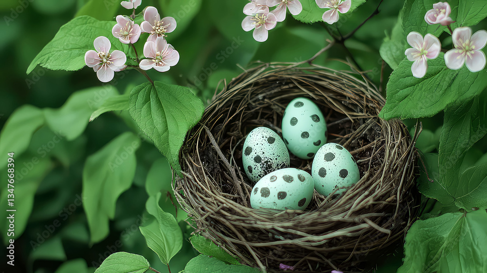 Fototapeta premium Pastel Bird Eggs in a Nest: A Springtime Symphony of Nature's Beauty