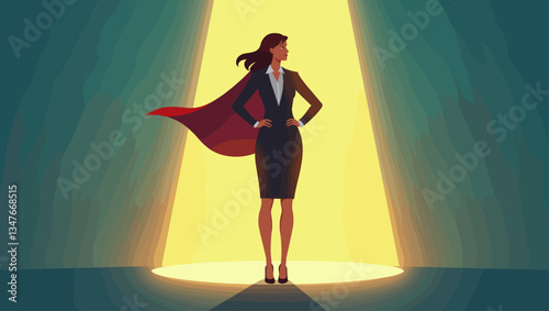 Confident Businesswoman with Red Cape, Super Hero Silhouette in Spotlight, Success and Female Leadership Vector Graphic, Business Concept Illustration 180 Characters